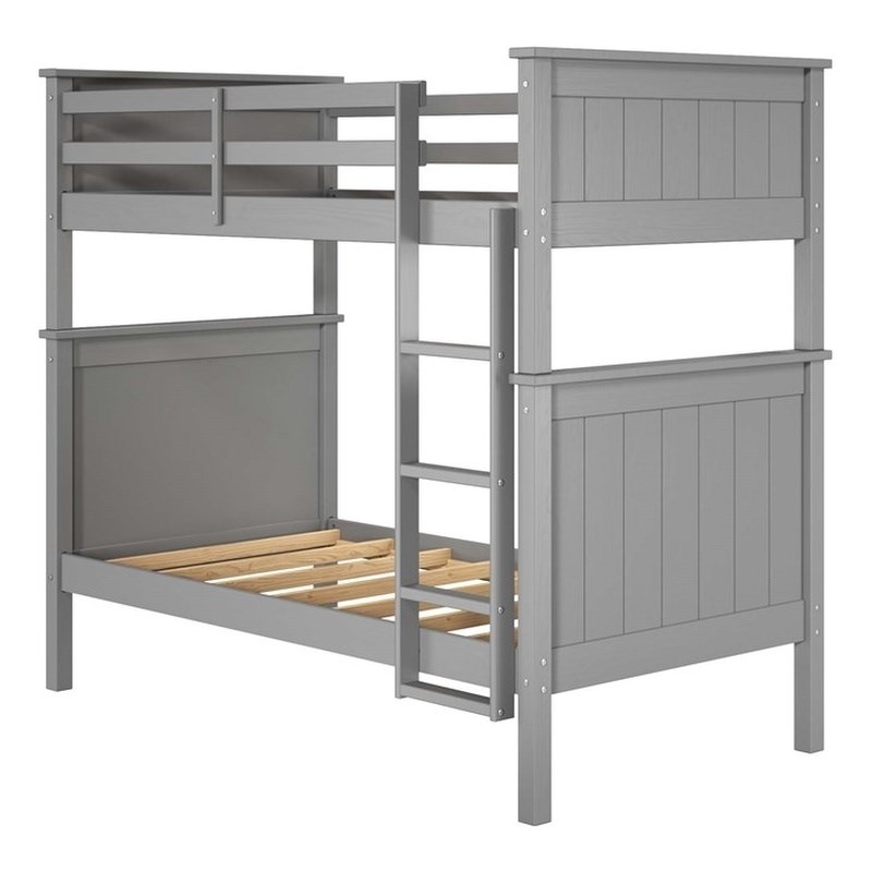 Linon Tilda Twin over Twin Bunk Bed with Top Guard Rails in Gray Solid Wood