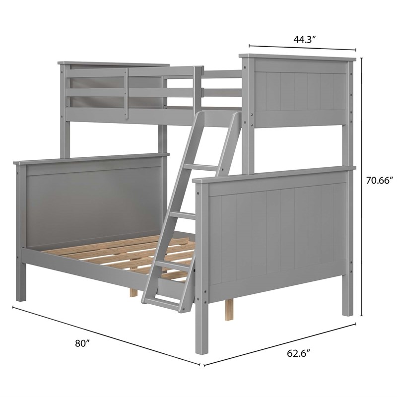 Linon Tilda Twin over Full Bunk Bed with Top Guard Rails in Gray Solid Wood