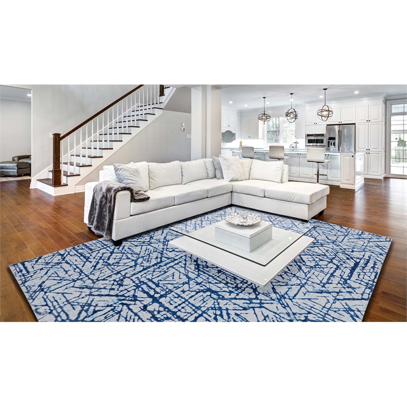 Linon Motif Printed Faux Rabbit Ingrain Polyester 8'x10' Area Rug in Blue