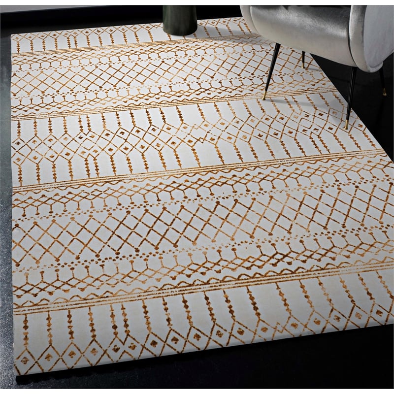 Linon Motif Printed Faux Rabbit Minear Polyester 5'x7' Area Rug in Ivory