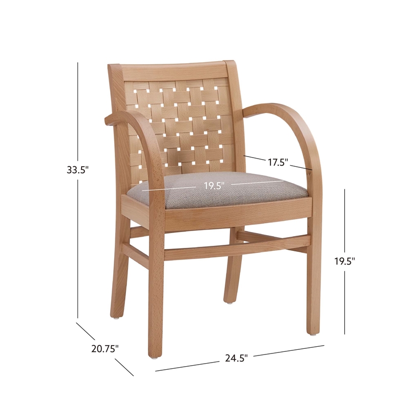 Linon Trent Arm Chair Cream Upholstered Seat Woven Backrest in Natural Beechwood