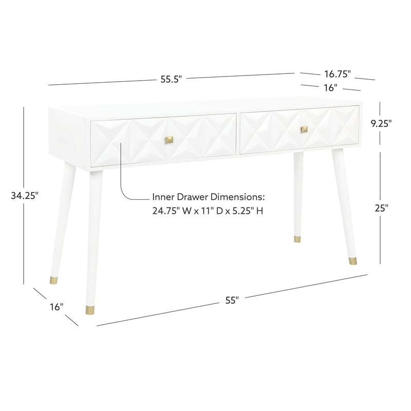 Linon Alick Wood Geo Texture Console Table Drawers Gold Hardware in Glossy White