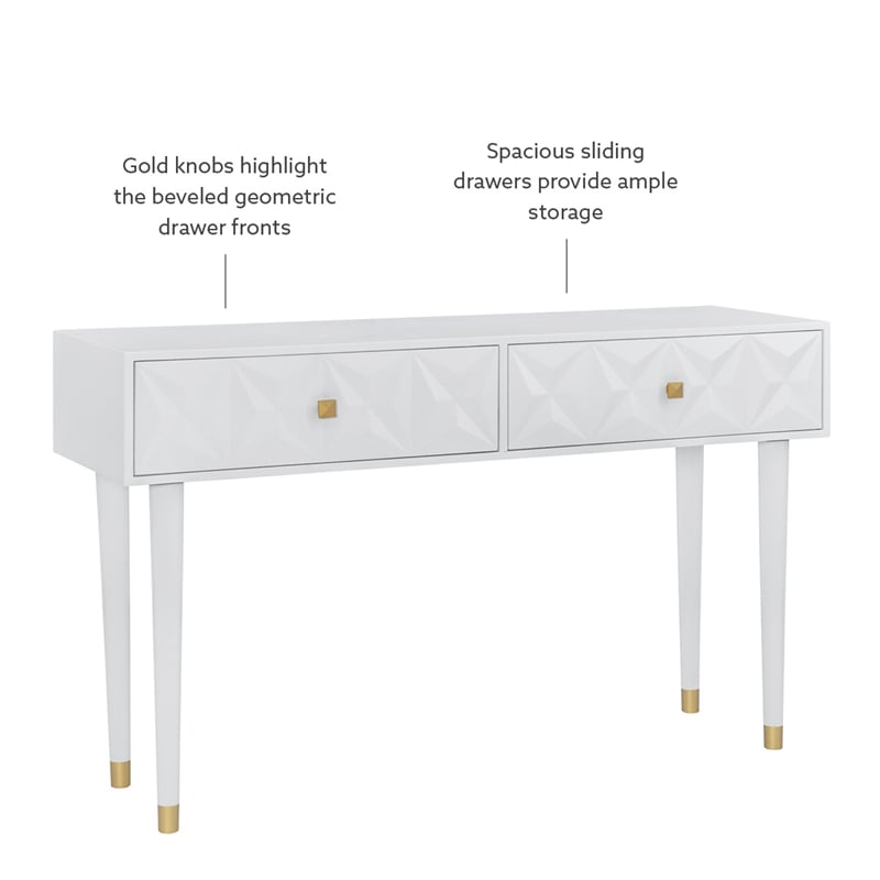 Linon Alick Wood Geo Texture Console Table Drawers Gold Hardware in Glossy White