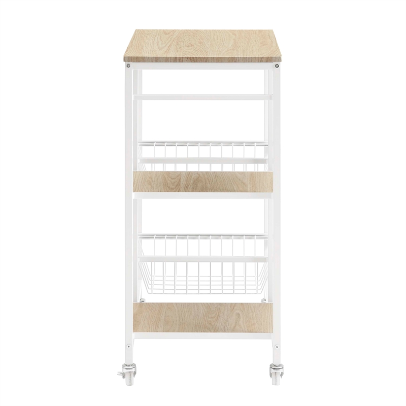 Linon August Rolling Metal Kitchen Cart with 2 Baskets and 2 Shelves in White
