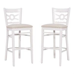 Linon Ederlee Set of Two Barstools Beige Padded Seat Frame in White Solid Wood