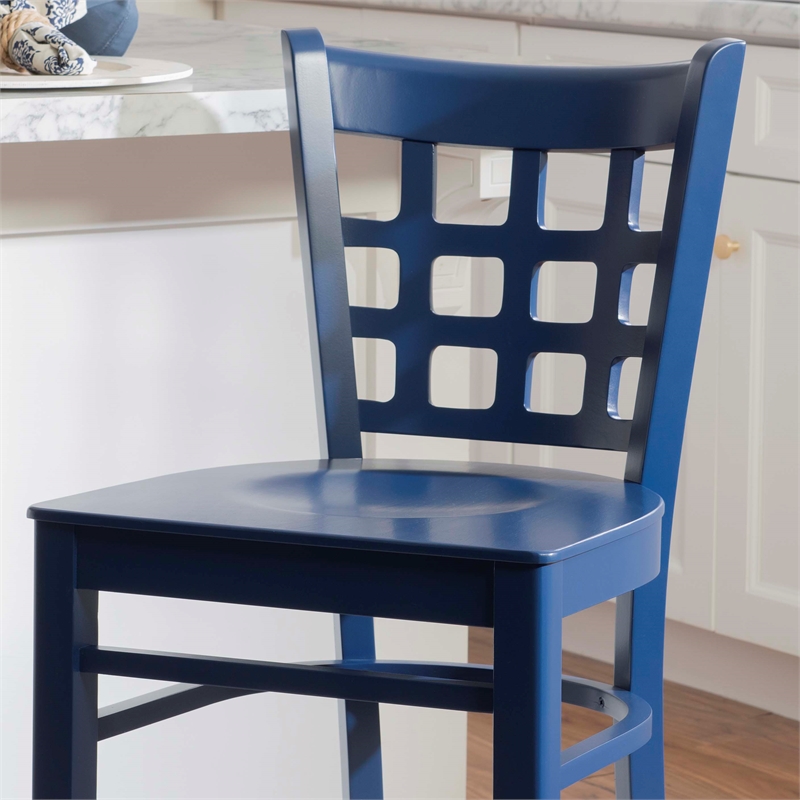 Linon Flint Lattice Back Counter Stools Set of 2 in Glossy Navy Beechwood