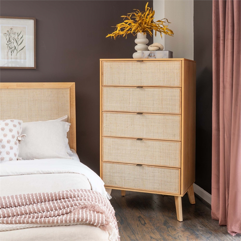 Linon Winnie 5 Drawer Chest with Cane Front Panels in Natural Rubberwood