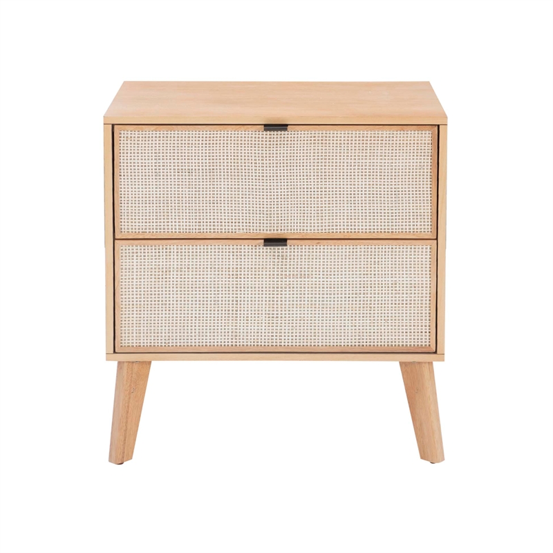 Linon Winnie Rubberwood Nightstand 2 Drawers Cane Front Panels in Natural Finish