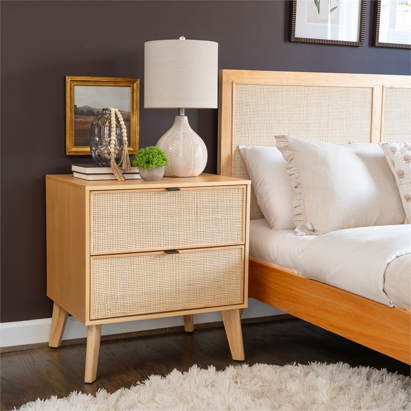 Linon Winnie Rubberwood Nightstand 2 Drawers Cane Front Panels in Natural Finish