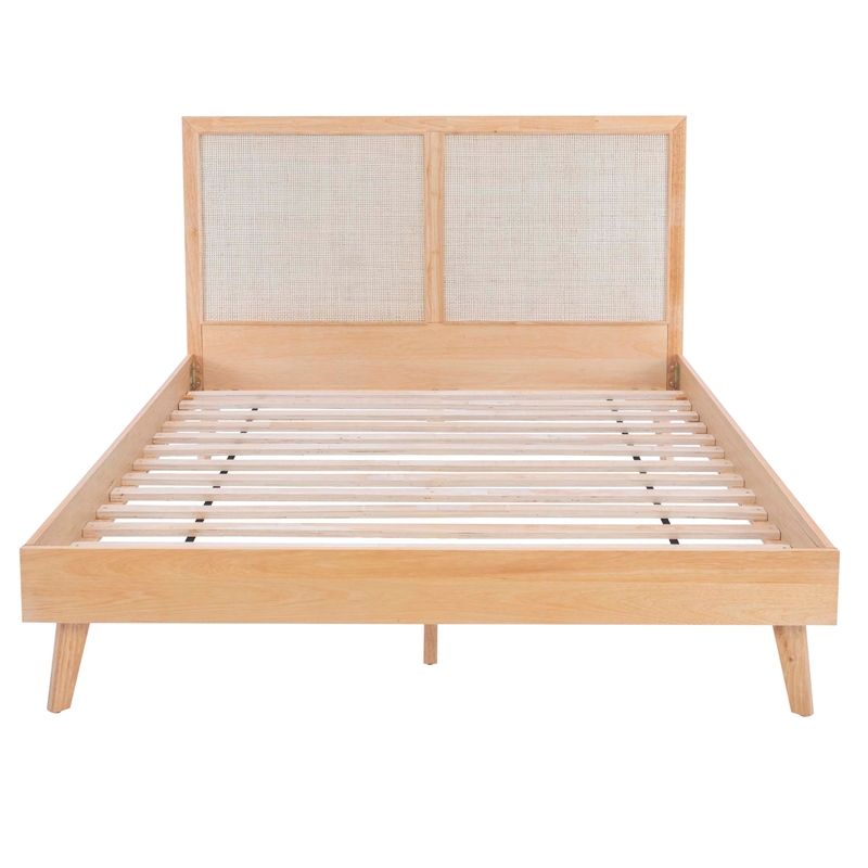 Linon Winnie Queen Bed Frame with Woven Rattan Cane Headboard in Natural Wood