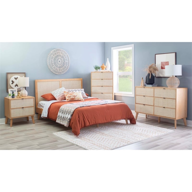 Linon Winnie Queen Bed Frame with Woven Rattan Cane Headboard in Natural Wood