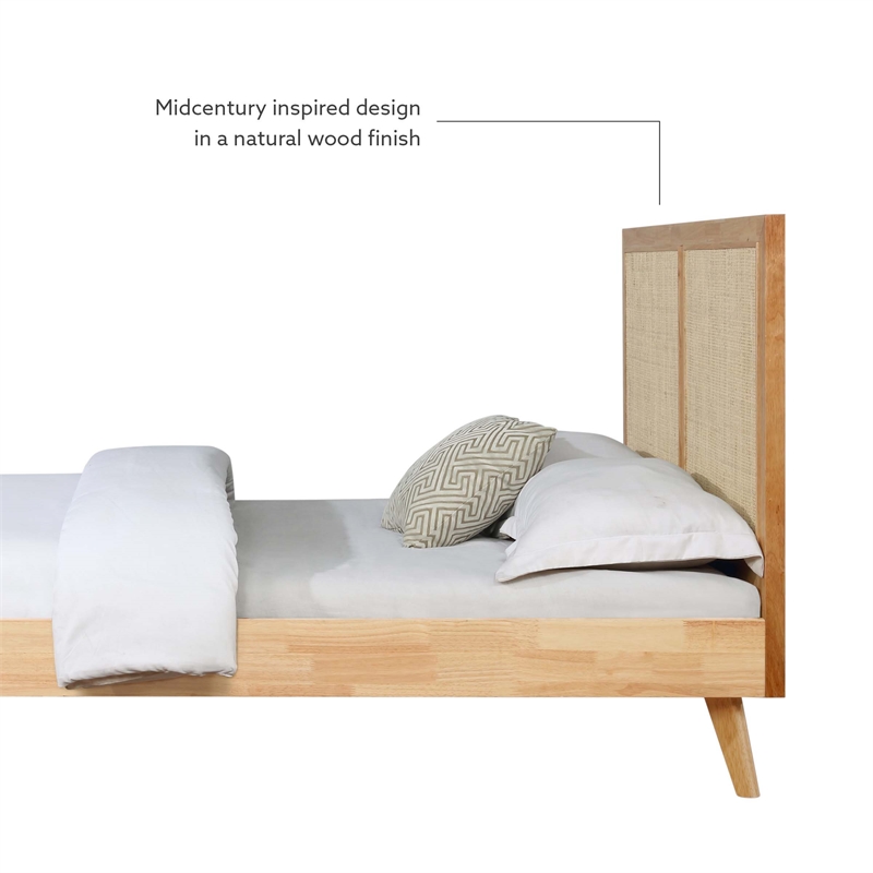Linon Winnie Queen Bed Frame with Woven Rattan Cane Headboard in Natural Wood
