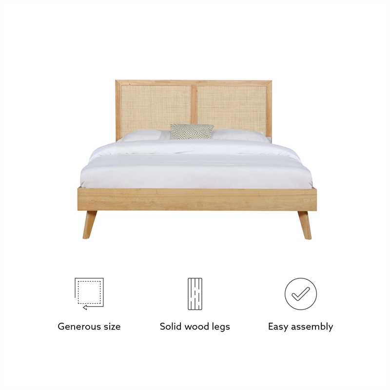 Linon Winnie Queen Bed Frame with Woven Rattan Cane Headboard in Natural Wood