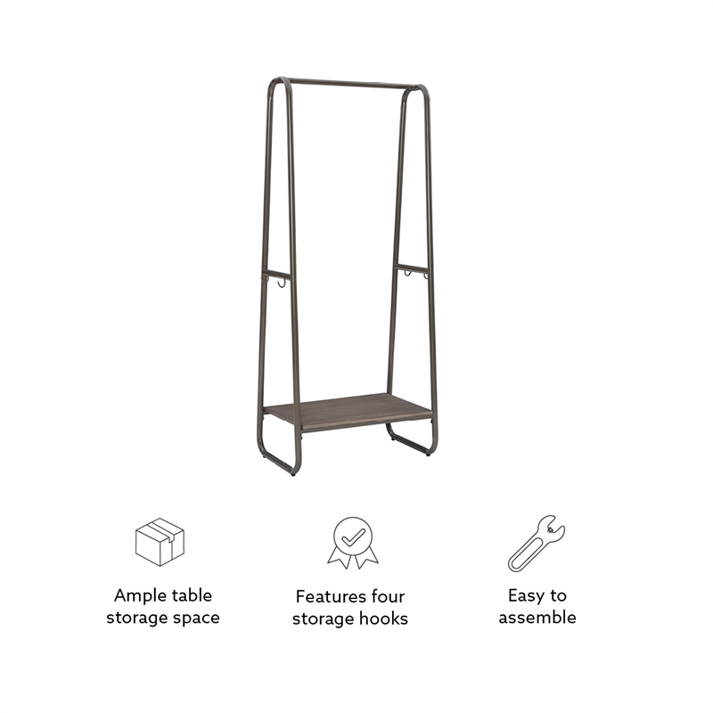 Linon Paisley Tall Steel Clothing Rack Distressed Wood Shelf 4 Hooks in Pewter