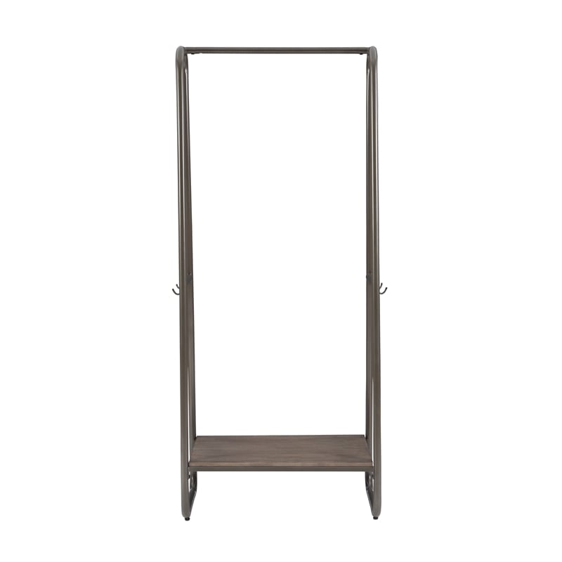 Linon Paisley Tall Steel Clothing Rack Distressed Wood Shelf 4 Hooks in Pewter