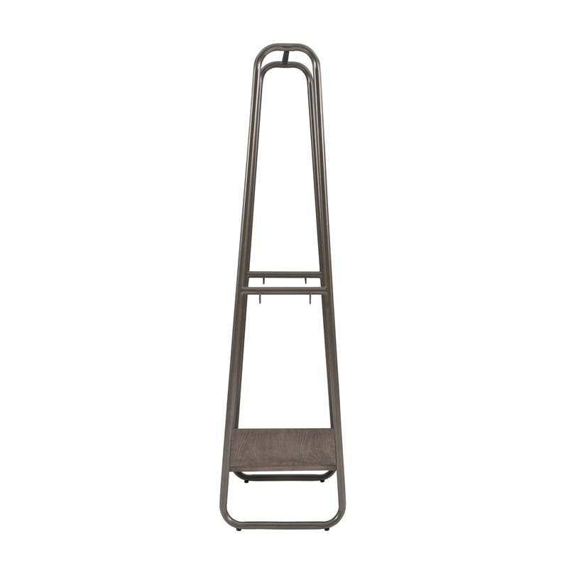 Linon Paisley Tall Steel Clothing Rack Distressed Wood Shelf 4 Hooks in Pewter