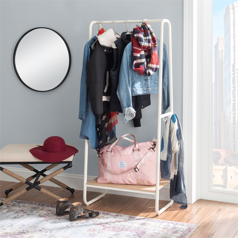 Linon Paisley Tall Steel Open Clothing Rack Natural Wood Shelf 4 Hooks in White
