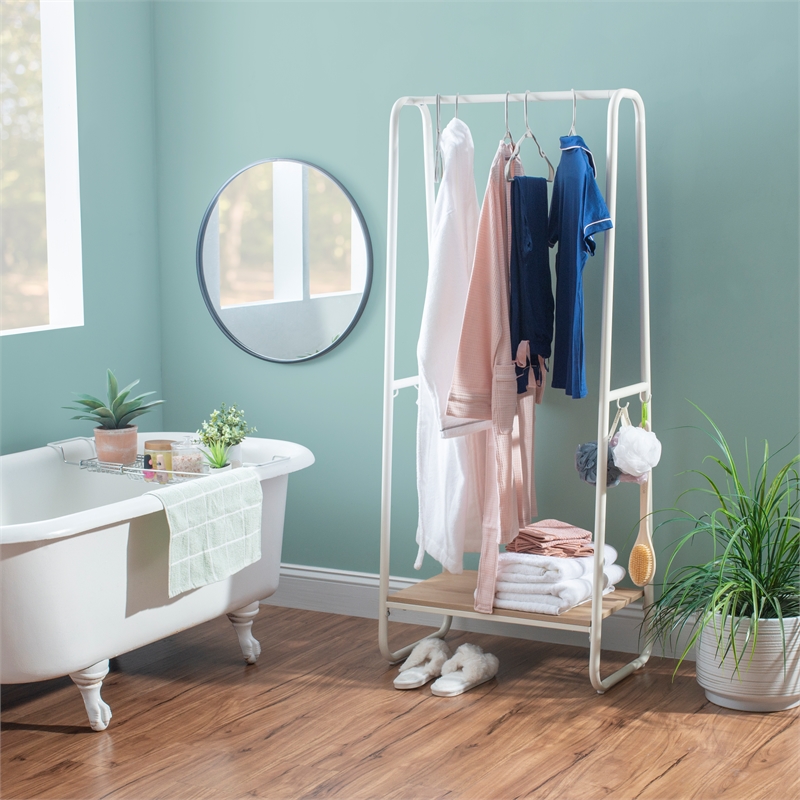 Linon Paisley Tall Steel Open Clothing Rack Natural Wood Shelf 4 Hooks in White