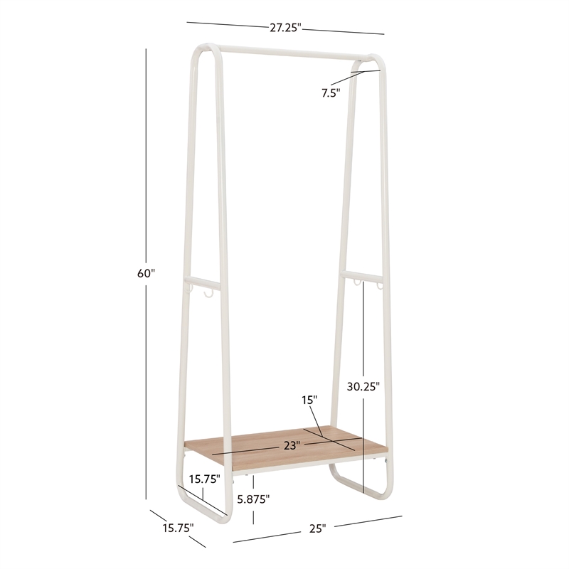 Linon Paisley Tall Steel Open Clothing Rack Natural Wood Shelf 4 Hooks in White