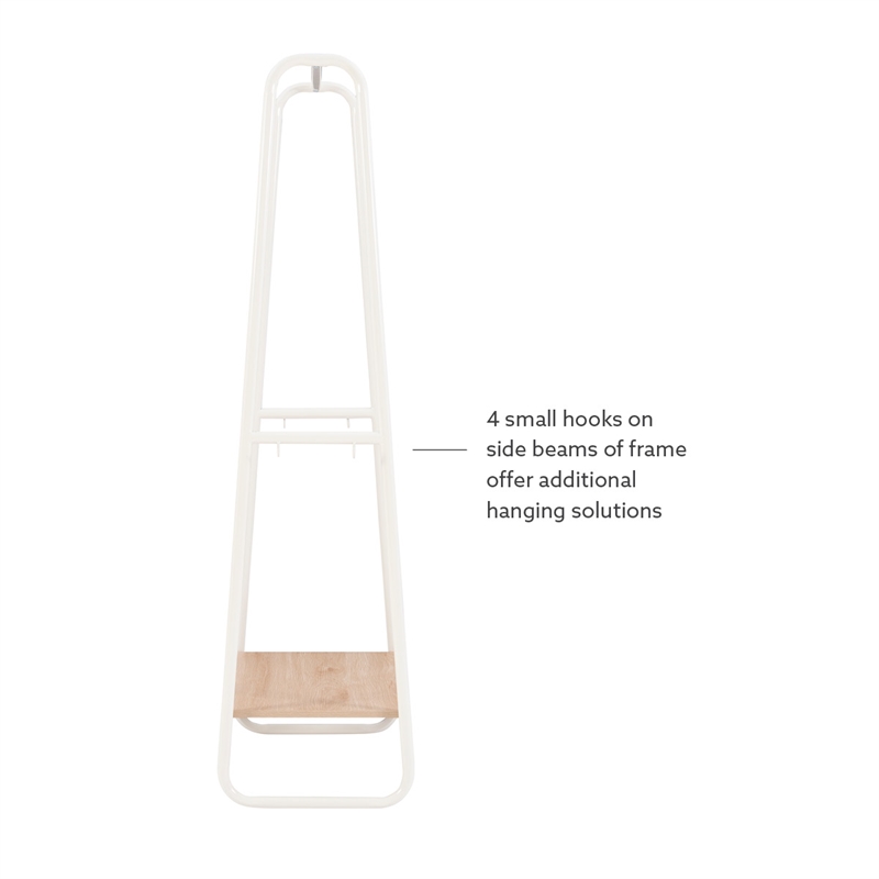 Linon Paisley Tall Steel Open Clothing Rack Natural Wood Shelf 4 Hooks in White