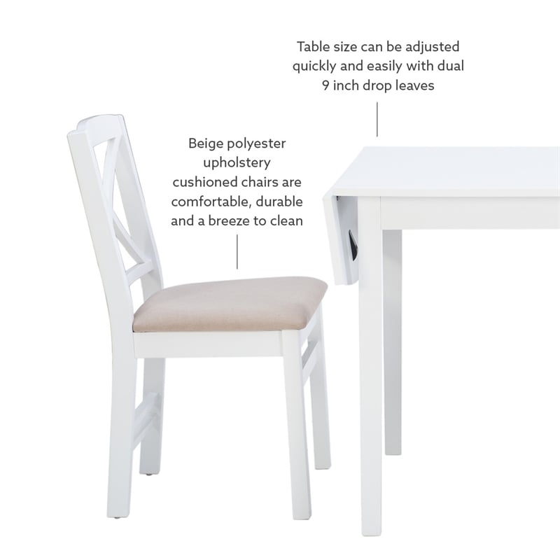 Linon Ervin Three Piece Drop Leaf Upholstered Small Dining Set in White Wood