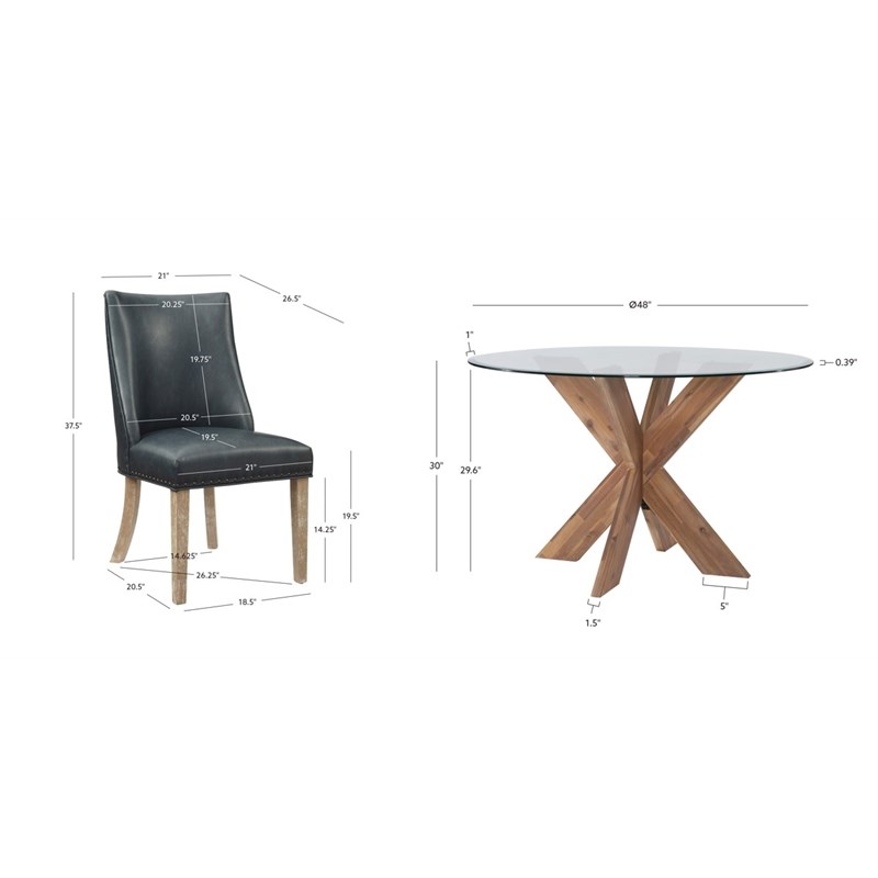 Linon Hale 5 Pce Dining Set Round Glass Table in Navy Faux Leather/Natural Wood