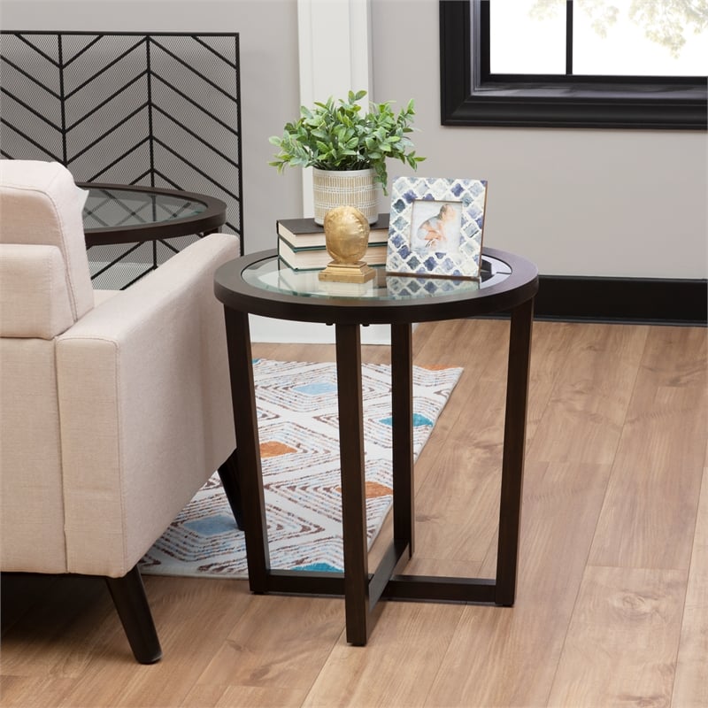 Linon 3 Piece Wood Coffee & End Table Set Glass Top in Umber Paint