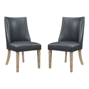 Linon Hale Set of 2 Navy Blue Faux Leather Dining Chairs with Natural Wood Legs