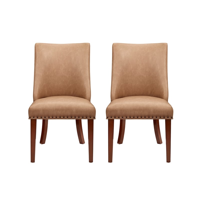 Linon Hale Set of 2 Tan Faux Leather Upholstered Dining Chairs Brown Wood Legs