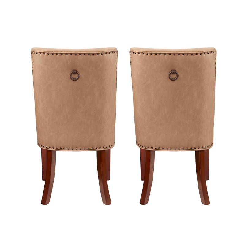 Linon Hale Set of 2 Tan Faux Leather Upholstered Dining Chairs Brown Wood Legs