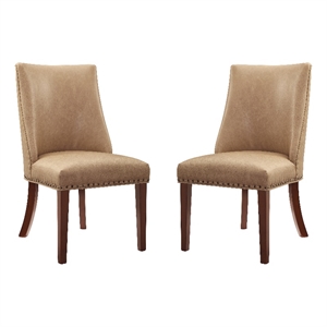Linon Hale Set of 2 Tan Faux Leather Upholstered Dining Chairs Brown Wood Legs