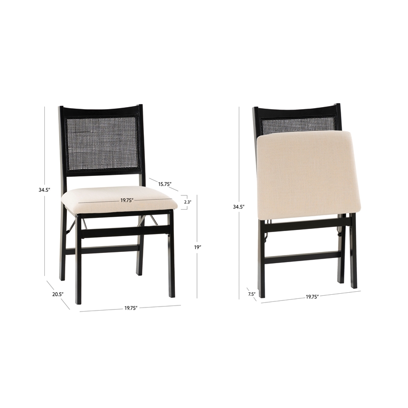 Linon Memphis Folding Side Chair Woven Cane Back Beige Padded Seat in Black Wood