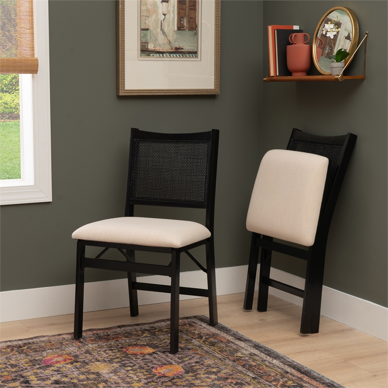 Linon Memphis Folding Side Chair Woven Cane Back Beige Padded Seat in Black Wood