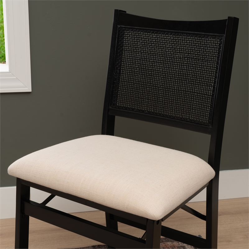Linon Memphis Folding Side Chair Woven Cane Back Beige Padded Seat in Black Wood