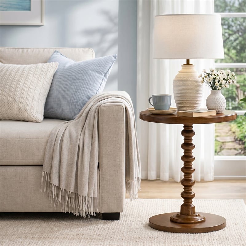 Linon Tara Round Spindle Side Table in Hazelnut Finished Rubberwood