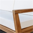 Linon Barlow Outdoor Solid Teak 2 Seat Sofa and UV Resistant Cushions in Natural