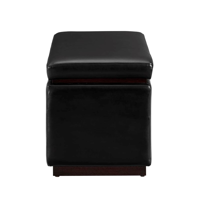 Linon Hawn Rectangle Storage Ottoman Dark Wood Trim in Black Faux Leather