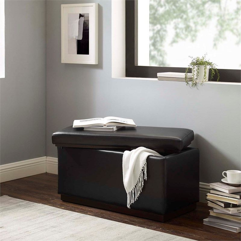 Linon Hawn Rectangle Storage Ottoman Dark Wood Trim in Black Faux Leather