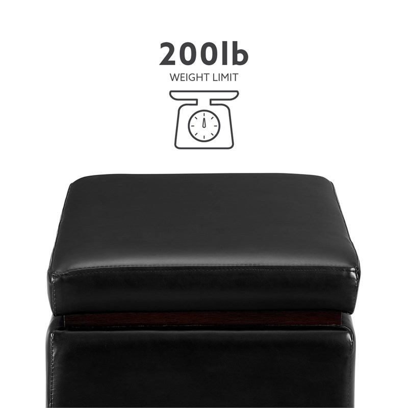 Linon Hawn Rectangle Storage Ottoman Dark Wood Trim in Black Faux Leather