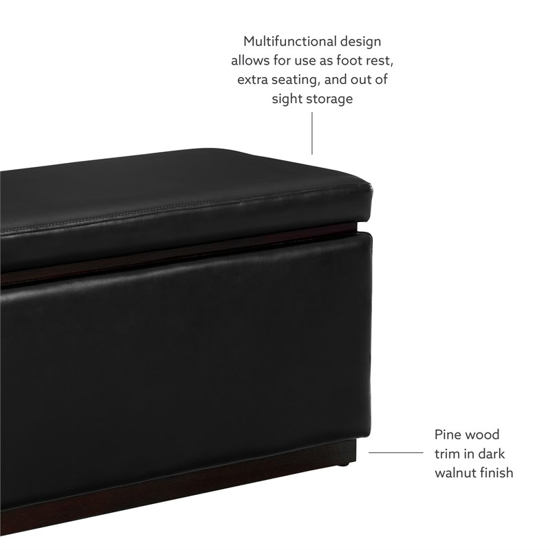 Linon Hawn Rectangle Storage Ottoman Dark Wood Trim in Black Faux Leather