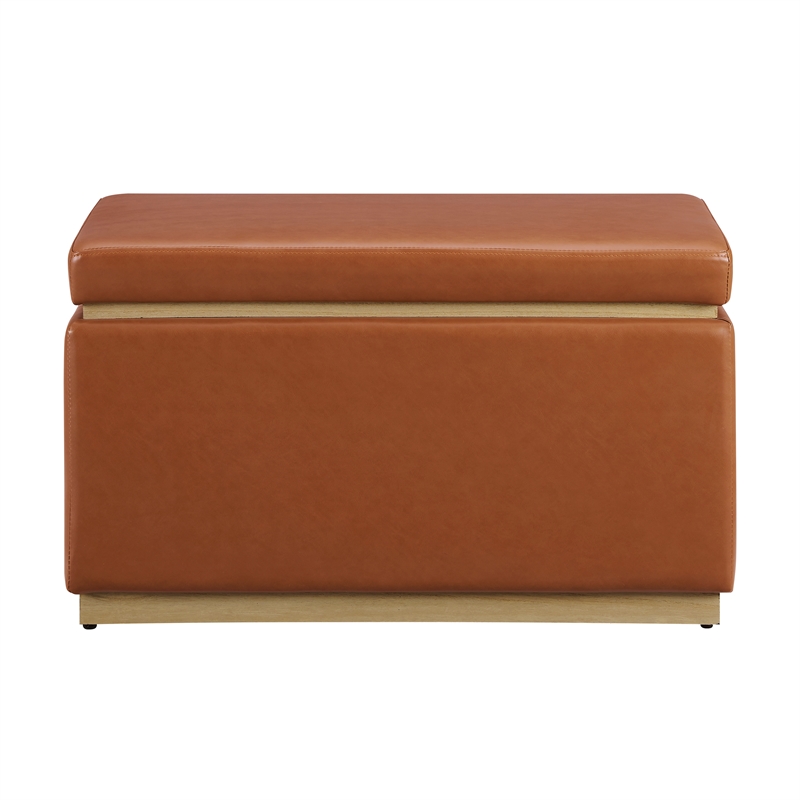 Linon Hawn Rectangle Storage Ottoman Natural Wood Trim in Caramel Faux Leather