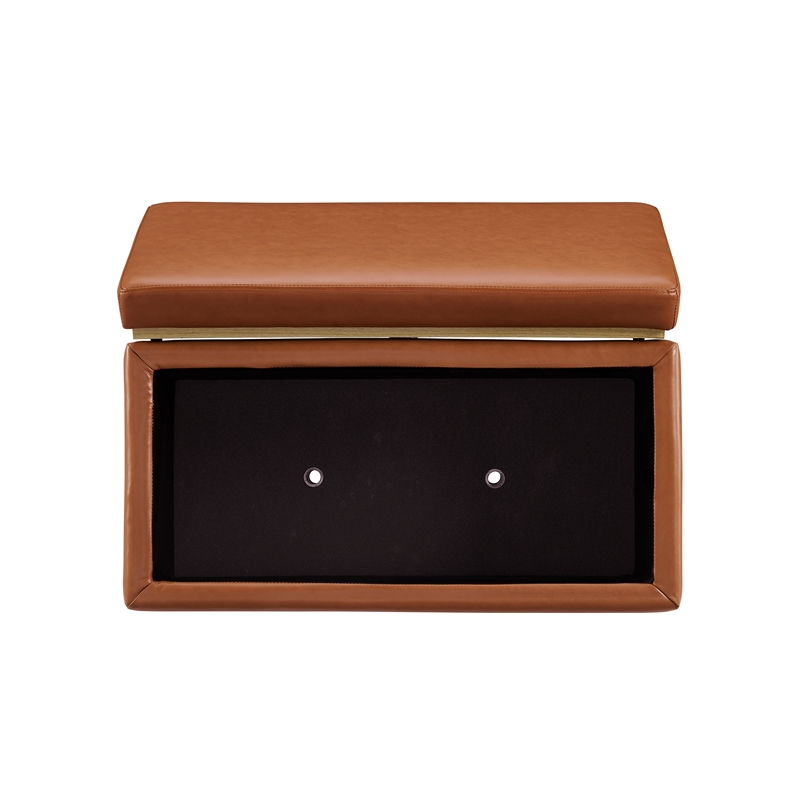 Linon Hawn Rectangle Storage Ottoman Natural Wood Trim in Caramel Faux Leather