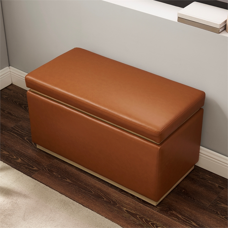 Linon Hawn Rectangle Storage Ottoman Natural Wood Trim in Caramel Faux Leather