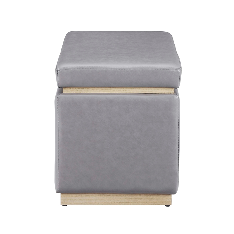 Linon Hawn Rectangle Storage Ottoman Natural Wood Trim in Grey Faux Leather