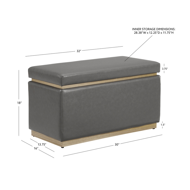 Linon Hawn Rectangle Storage Ottoman Natural Wood Trim in Grey Faux Leather