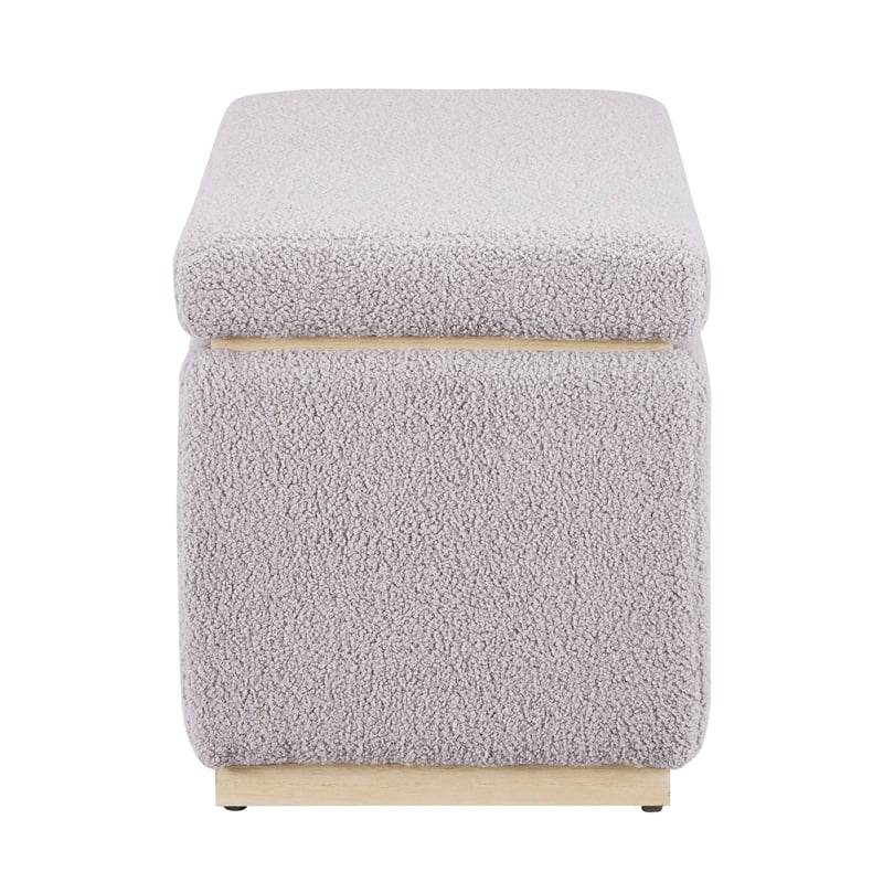 Linon Hawn Rectangle Storage Ottoman Natural Wood Trim in Soft Grey Sherpa