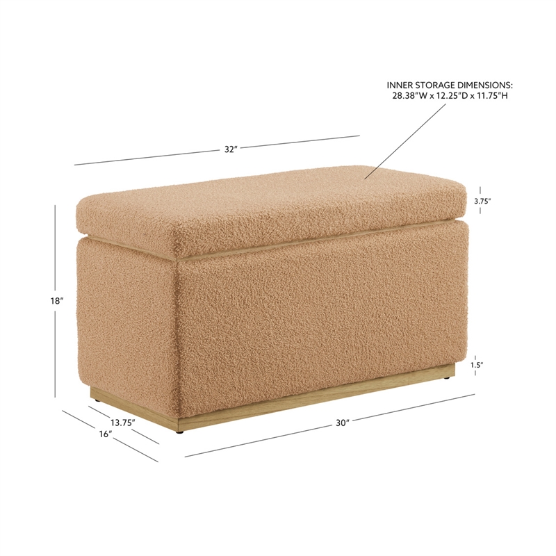 Linon Hawn Rectangle Storage Ottoman Natural Wood Trim in Soft Tan Sherpa