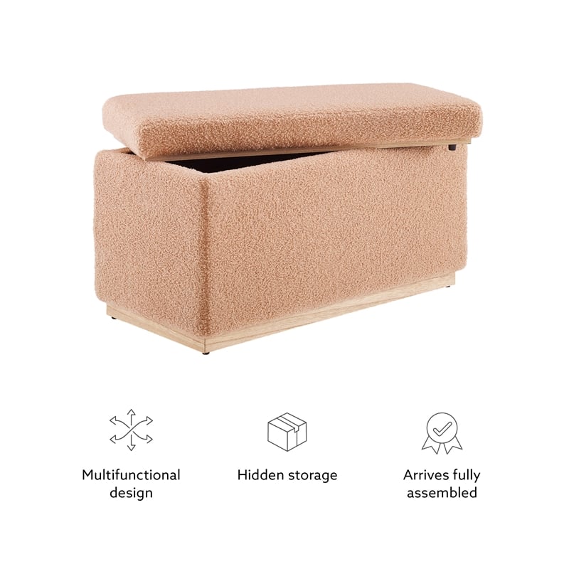 Linon Hawn Rectangle Storage Ottoman Natural Wood Trim in Soft Tan Sherpa