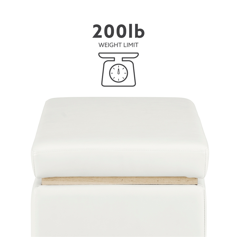 Linon Hawn Rectangle Storage Ottoman Natural Wood Trim in White Faux Leather