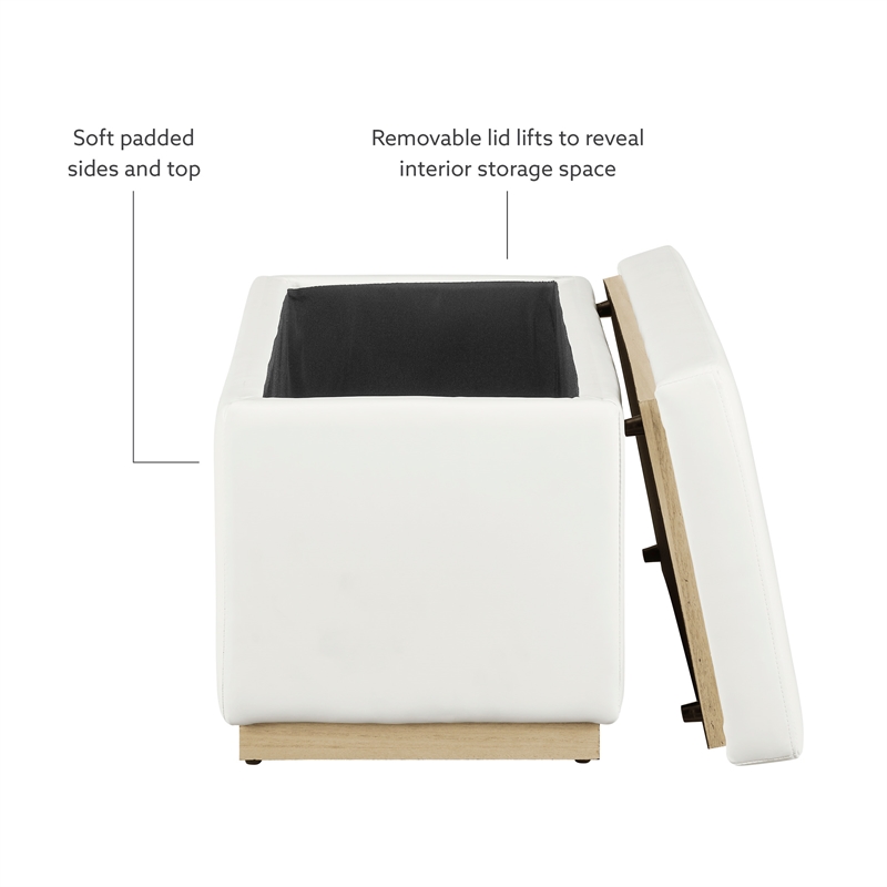 Linon Hawn Rectangle Storage Ottoman Natural Wood Trim in White Faux Leather